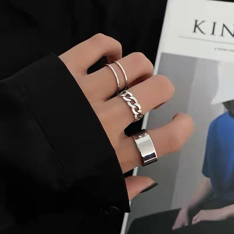 3Pcs/Set Korean Simple Chain Shape Vintage Punk Men Women Fashion Jewelry Silver Titanium Steel Hiphop Cool Girl Couple Rings Adjustable Size