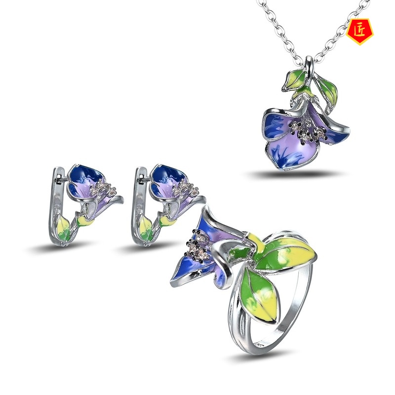 [Ready Stock]S925 Silver Enamel Ring Flower Pendant and Earrings Set