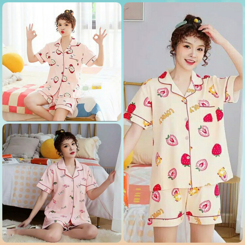 Piyama Hotpants Kerah Import / Piyama Import Wanita / Piyama Murah Import