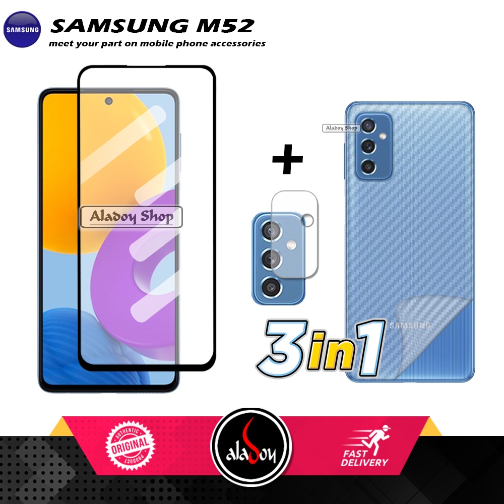 PAKET 3 IN 1 Tempered Glass Layar Samsung M52 Free Tempered Glass Camera dan Skin Carbon