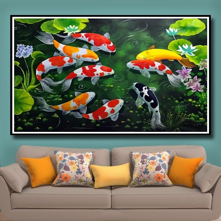 Lukisan Poster Ikan Koi hoki Fengshui 9 Jumbo 3 dimensi Xtra Besar Ukuran 70x50 cm 100x70cm 150x100c