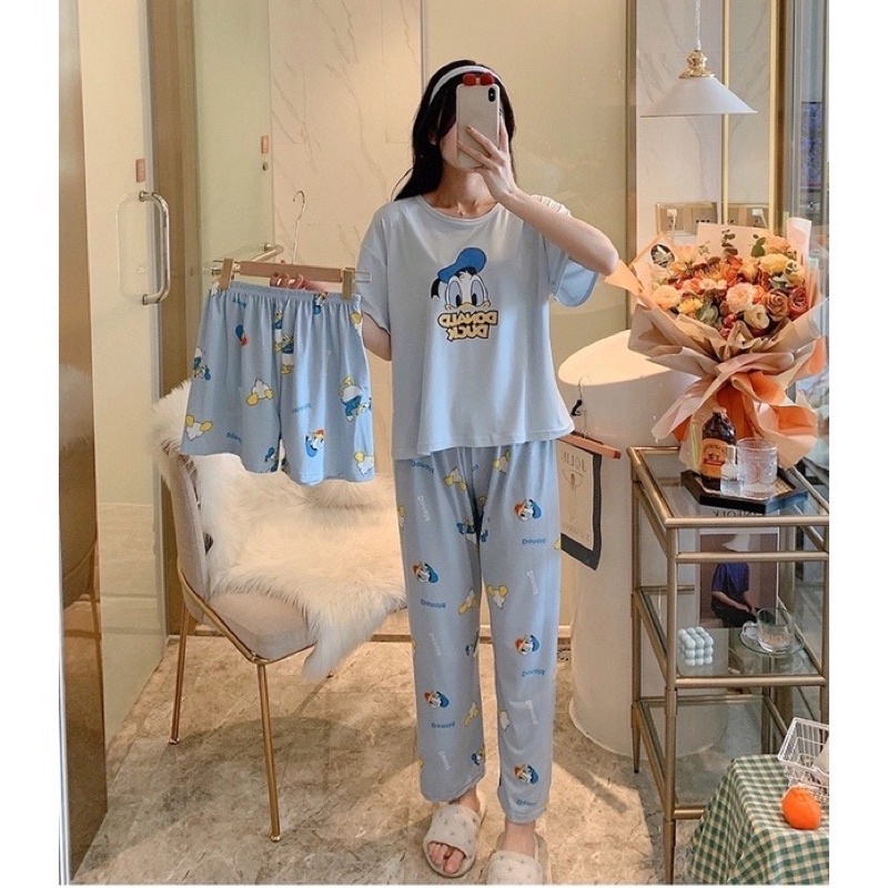 JC- Stelan Oversize 3in1 Import / Piyama 3in1 / Piyama Korea wanita terbaru Murah-3in1 Donald Blue