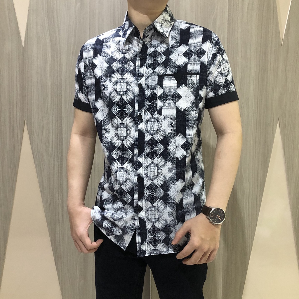 [GRIDLINE - S241 - Monochrome] Kemeja Pria Katun Lengan Pendek Slimfit Pastel M-XXL