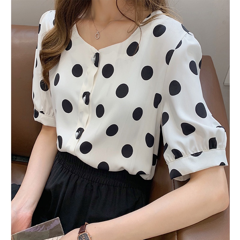 #Sisjuly# Wanita musim panas baru retro gaya barat polka dot kemeja sifon atasan lengan pendek wanit