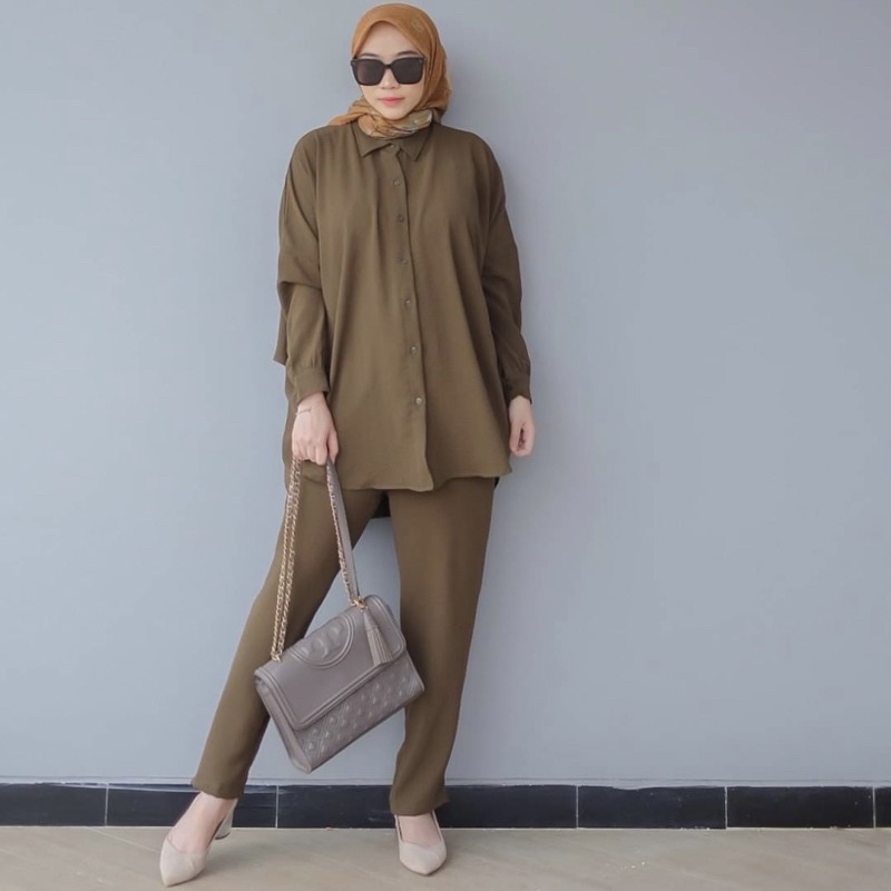 DYN  Basic Anara set Part 6- One Set Atasan + Celana Crinkles-Army