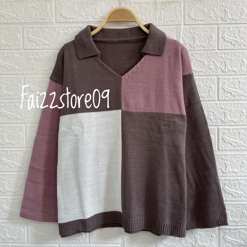 SWEATER RAJUT CROP TOP STRIP COMBINE BAHAN TEBAL PREMIUM KNIT