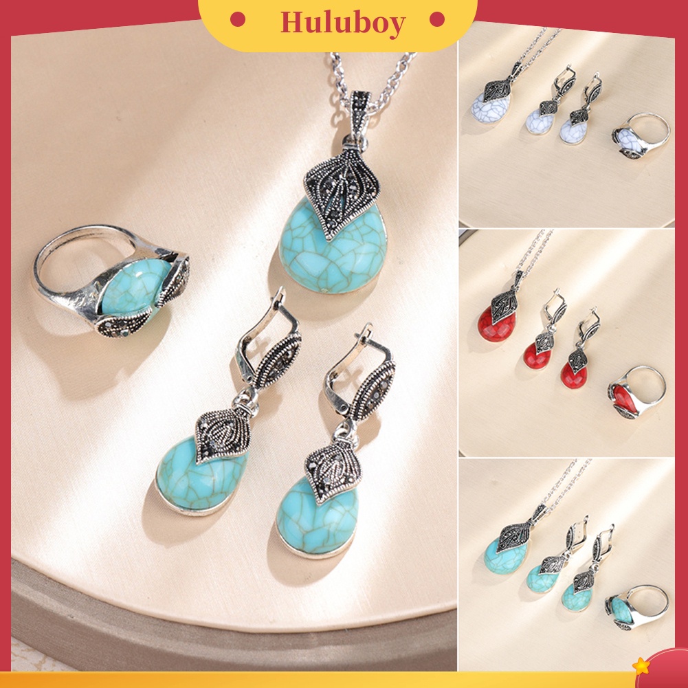 Hu Hu Hu Hu Hu Alat Bantu Pasang Kacamata♡ Set Antingkalungcincin Leaverback Vintage Desain Daun Hias Turquoise Imitasi Untuk Wanita