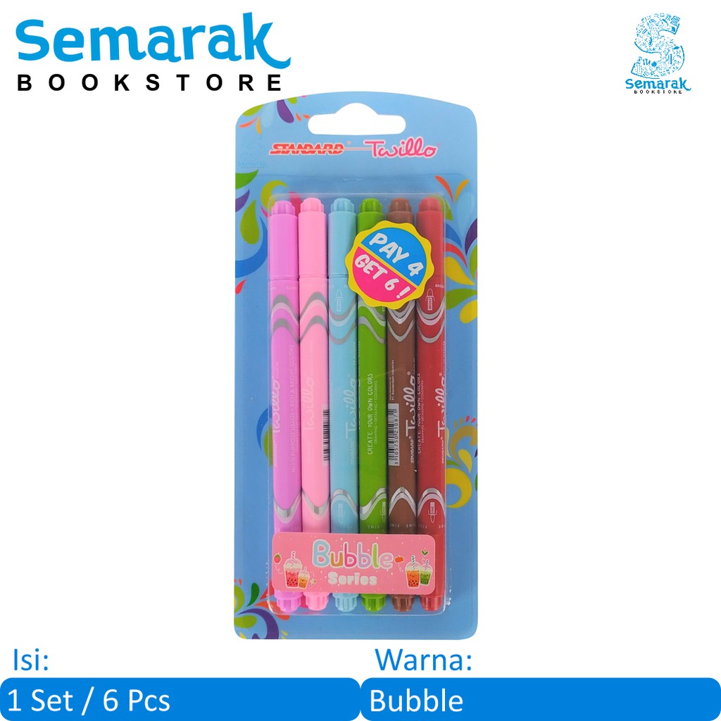

Pulpen dan Spidol Warna Standard Twillo Dual Tip - Bubble Series [1 Set / 6 Pcs]