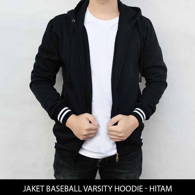 JAKET COWOK Jaket Sweater Pria BIG SIZE Jaket Polos Baseball Varsity Hoodie Hitam