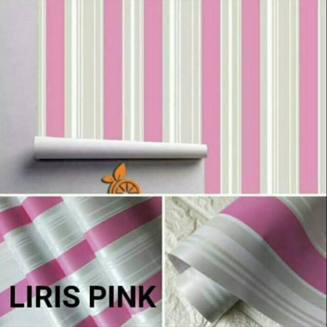 Wallpaper stiker dinding motif salur pink list cream