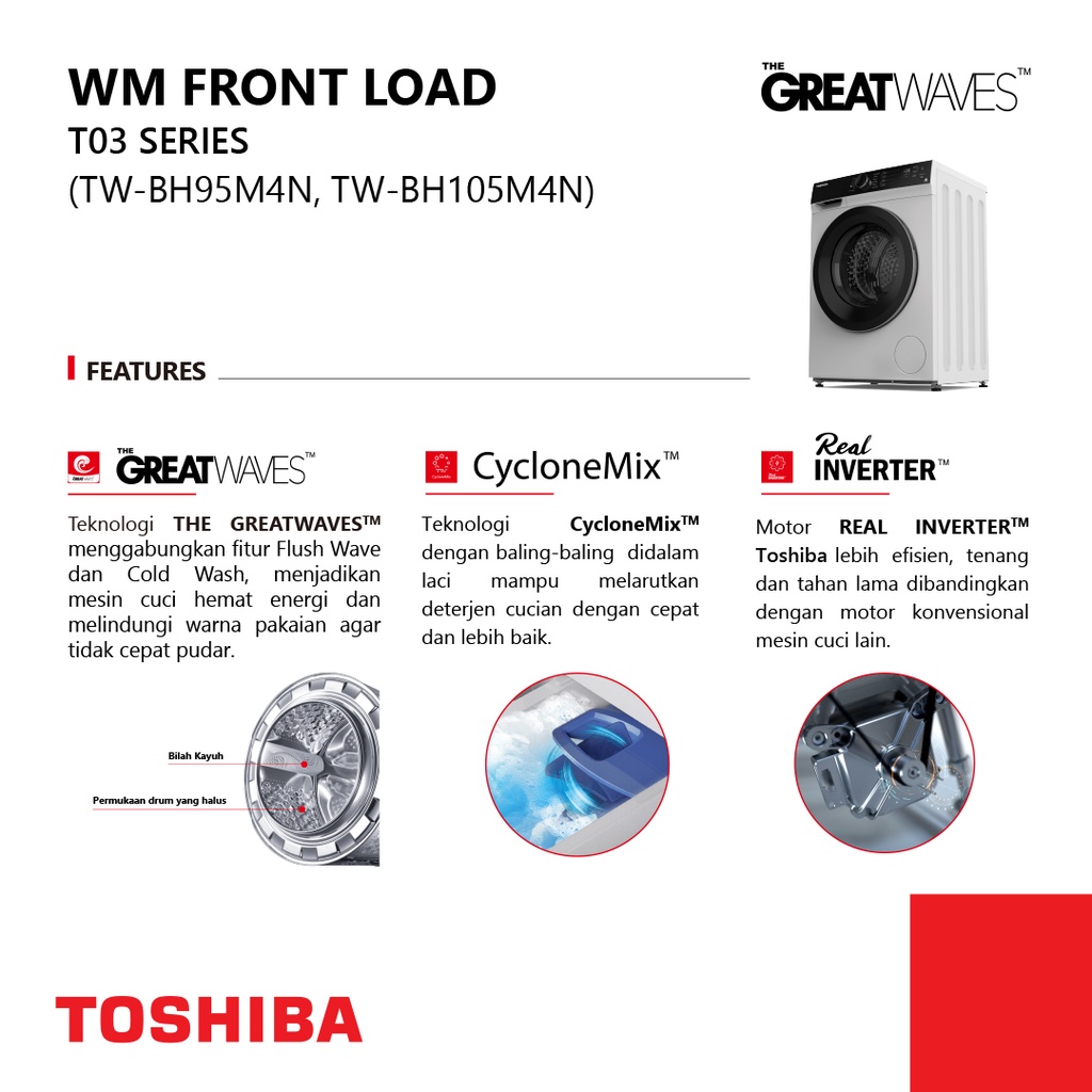 MESIN CUCI FRONT LOADING TOSHIBA KAPASITAS 9,5 KG TW-BH105M4N INVERTER GARANSI RESMI (MEDAN)