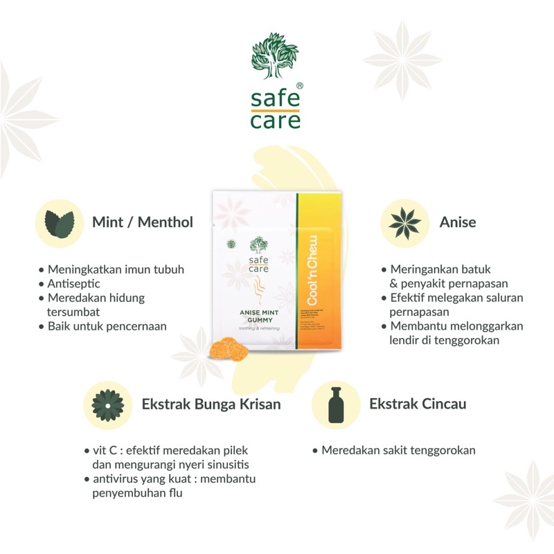 

SAFE CARE - Safe Care Anise Mint Gummy / Permen Safe Care / Permen Jelly Mint / Permen Mint / Permen Dingin / Permen Pelega Tenggorokan / Permen Jelly