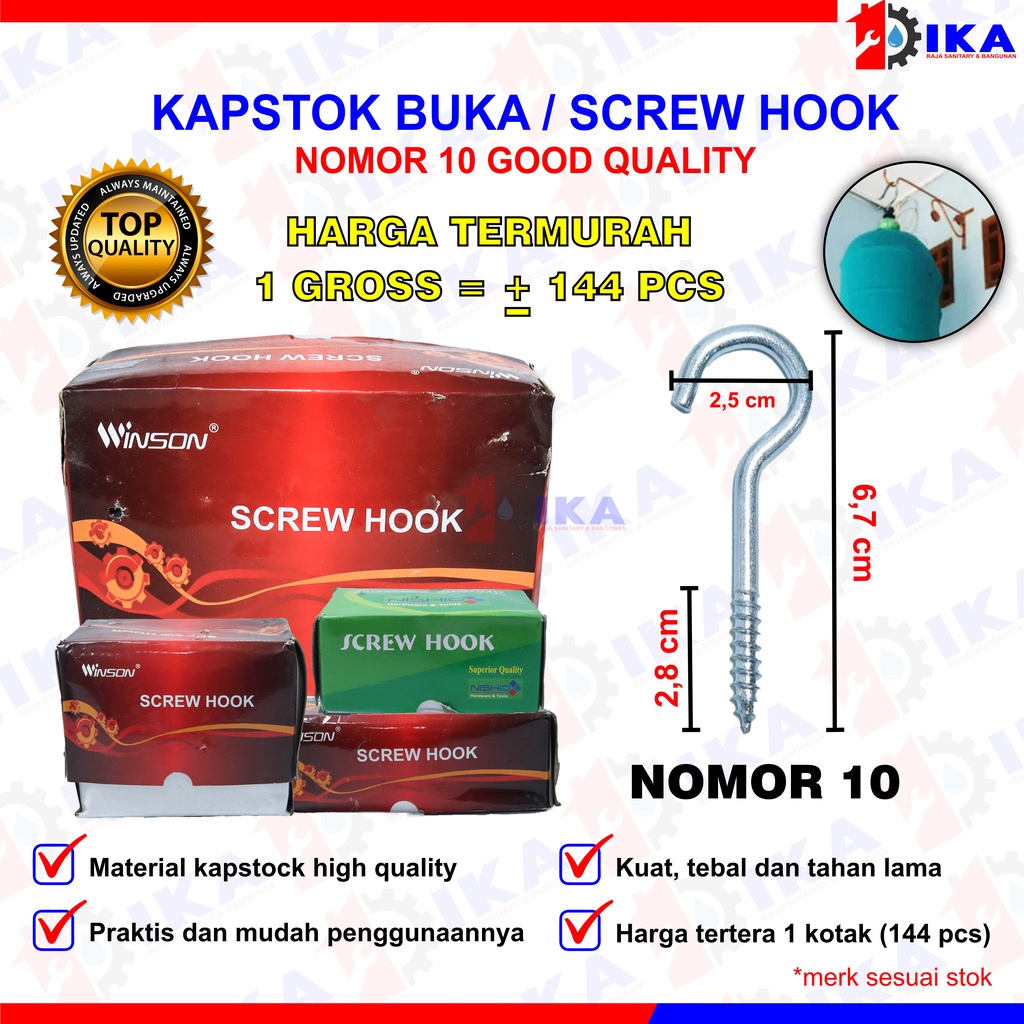 Kapstok Buka No.10 - 1 kotak isi ±144pcs | Baut Gantung Besi | Gantungan Burung | Hook Skrup | Sekrup Tanda Tanya