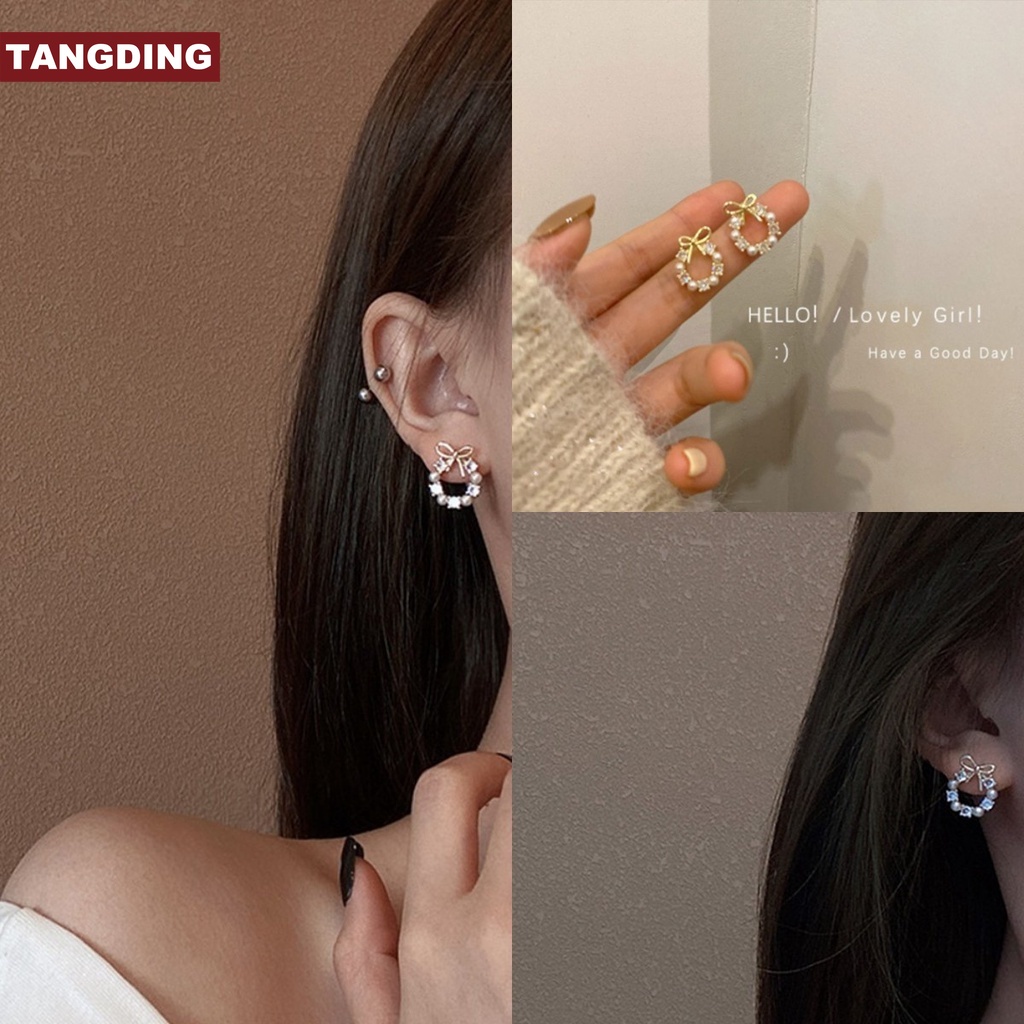 【COD Tangding】Bow Pearl Stud Earrings for Women Girl Party Fashion Accessories Jewelry