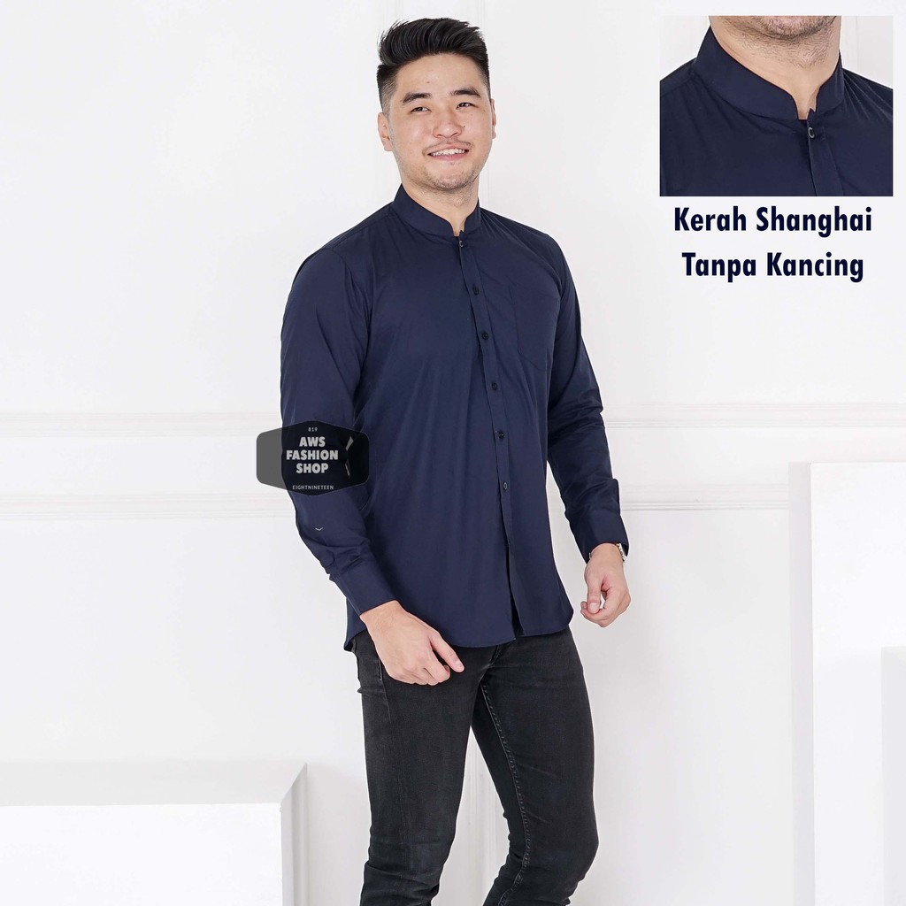 Kemeja Panjang Biru Navy Dark Blue Kerah Shanghai Pria Cowok Casual