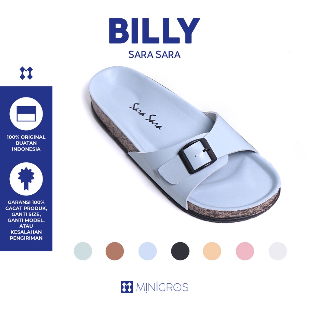 Sara Sara BILLY Sandal Slop Wanita Kekinian Sendal Kulit Cewek Birken Gesper Sol Puyuh Size 36 41 Terbaru