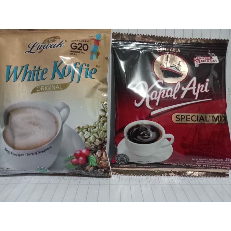 

LUWAK WHITE COFFE 20 GR 1RE ISI 10 SAC DAN KAPAL API SPECIAL MIK 24 G 1REC ISI 10 SAC