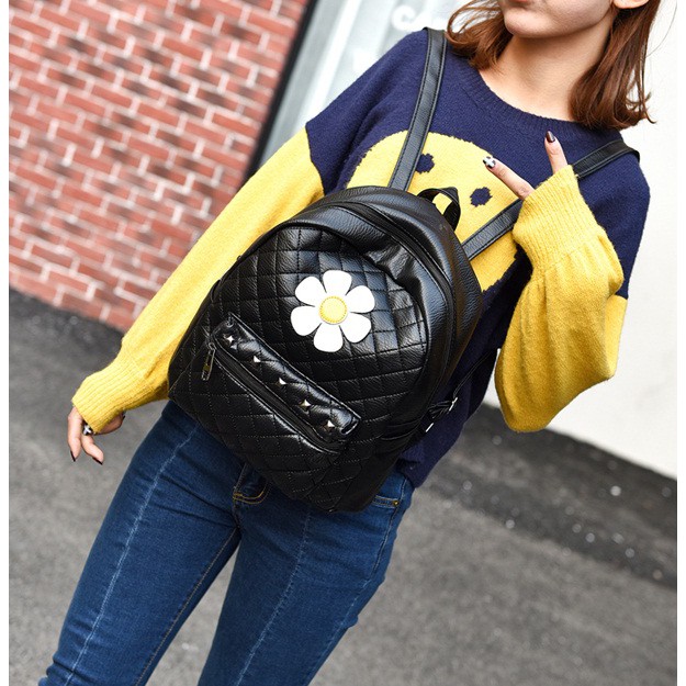 tas ransel casual model bunga melati matahari hitam resleting belakang