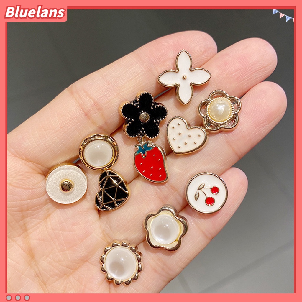 Bluelans 10Pcs / Set Bros Pin Kancing Bulat Desain Bunga Hias Mutiara Imitasi Aksesoris Wanita