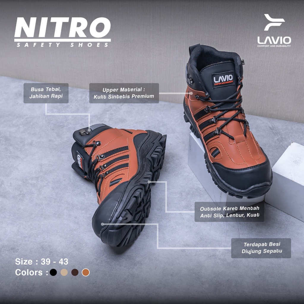 Sepatu Safety Boot Tinggi Pria Lavio Nitro High dengan Ujung Besi Sefty Cowok Bahan Karet Mentah Anti Slip Outdoor Kerja Lapangan Proyek