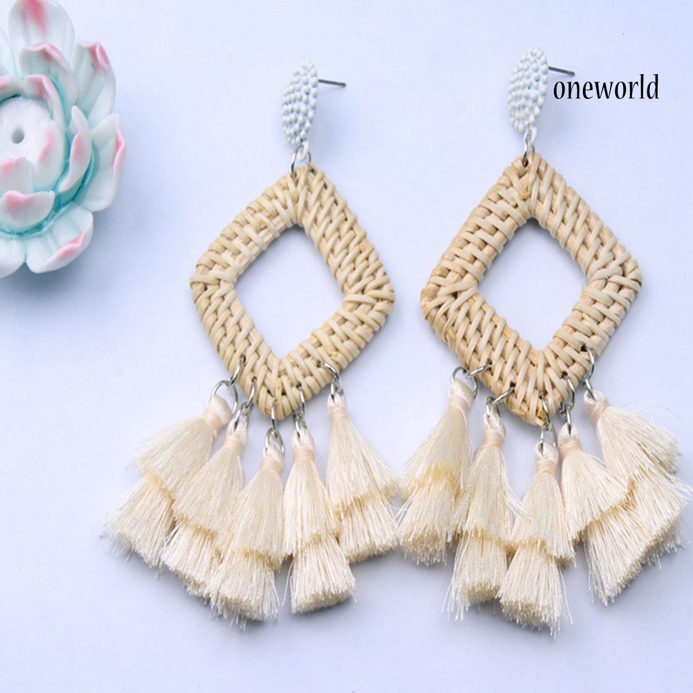 OW@ Boho Women Hollow Rhombus Rattan Woven Tassel Statement Dangle Stud Earrings