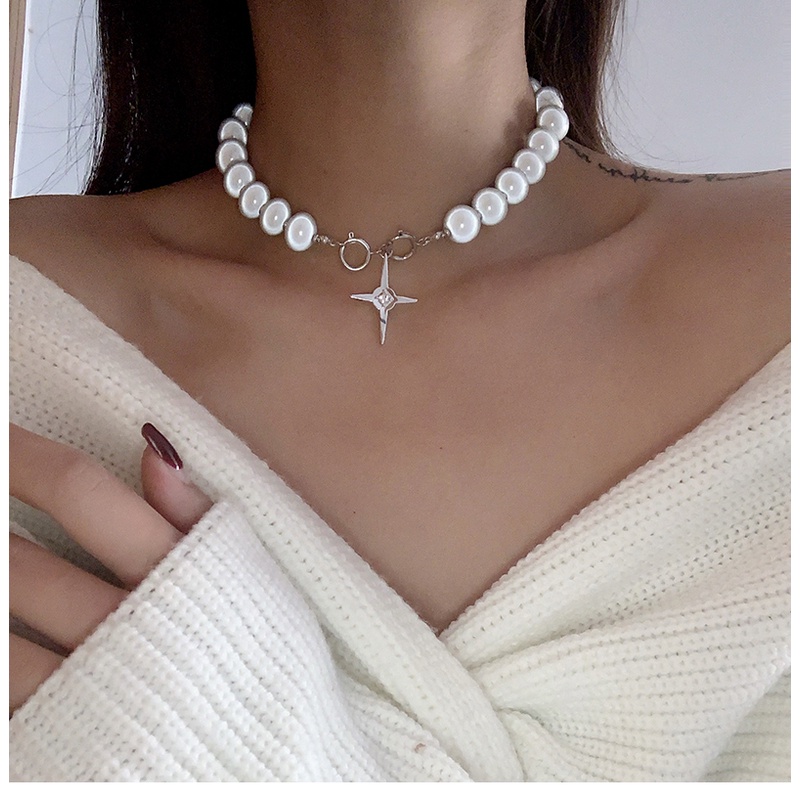 Reflective Beaded Cross Necklace Accessories Trendy Simple Chain