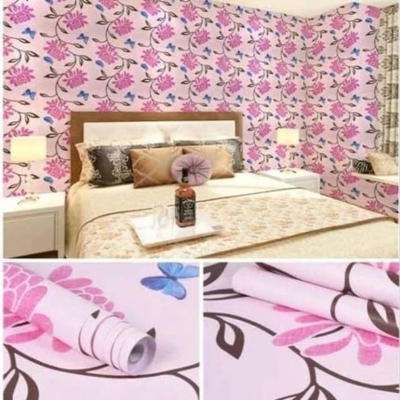Wallpaper Dinding Bunga Mawar Pink Kupu-Kupu Biru
