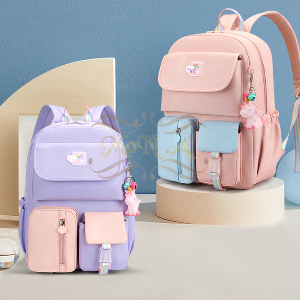 [MONA] ((FREE GANTUNGAN))TAS SEKOLAH RANSEL ANAK SD/SMP/SMA CEWEK WARNA SOFT PASTEL CANTIK LUCU WATERPROOF (TAHAN AIR) M0180 - KUALITAS  IMPORT PREMIUM