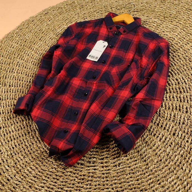 YB KEMEJA FLANEL PRIA MOTIF KOTAK MODEL LENGAN PANJANG SLIM FIT LONG SLEEVE CHECK RED BLACK