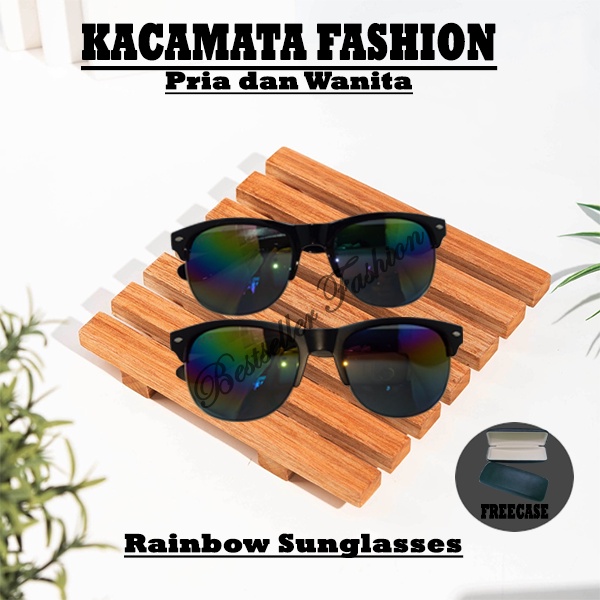 Kacamata Sunglasses Pria dan Wanita Fashion Anti UV Kaca mata Hitam Clubmaster Gaya Lensa Rainbow Mirror FREECASE