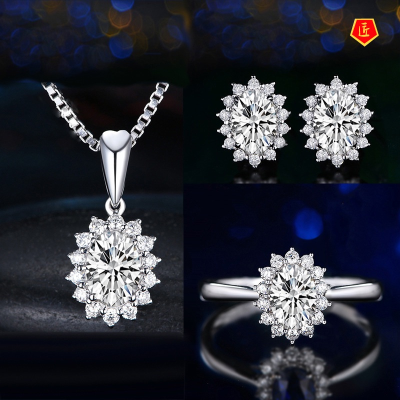 [Ready Stock]Full Diamond Sapphire Necklace Earring Ring Set