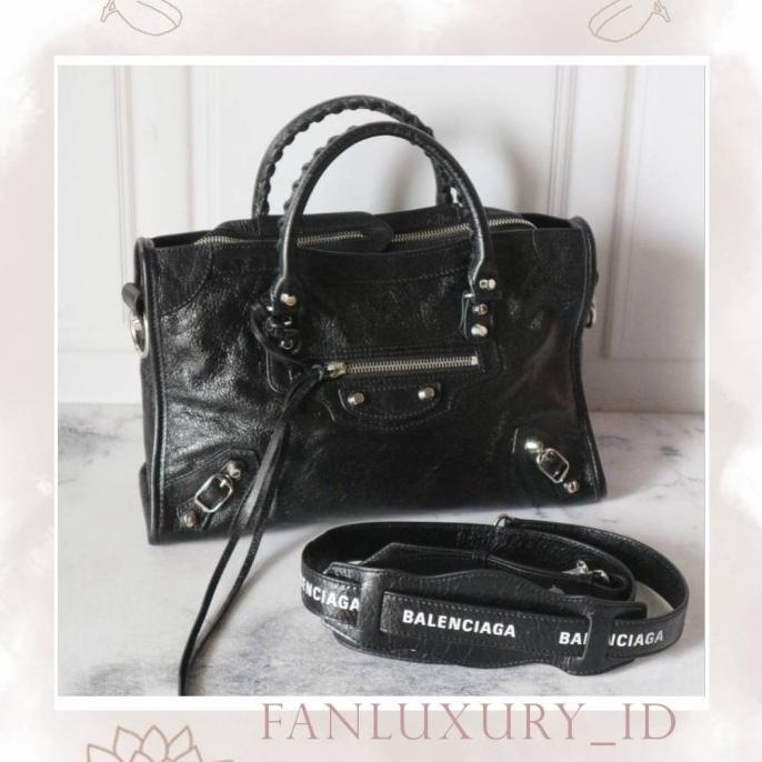 Balenciaga small city classic black shw logo strap