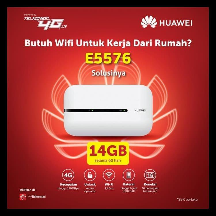 Mifi Modem Wifi 4G All Operator Huawei E5576 Free Telkomsel Kuota 14Gb - Hitam