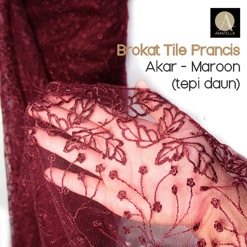 1/2 meter Kain Brokat Tile Prancis Bahan Kebaya Motif Akar Maroon