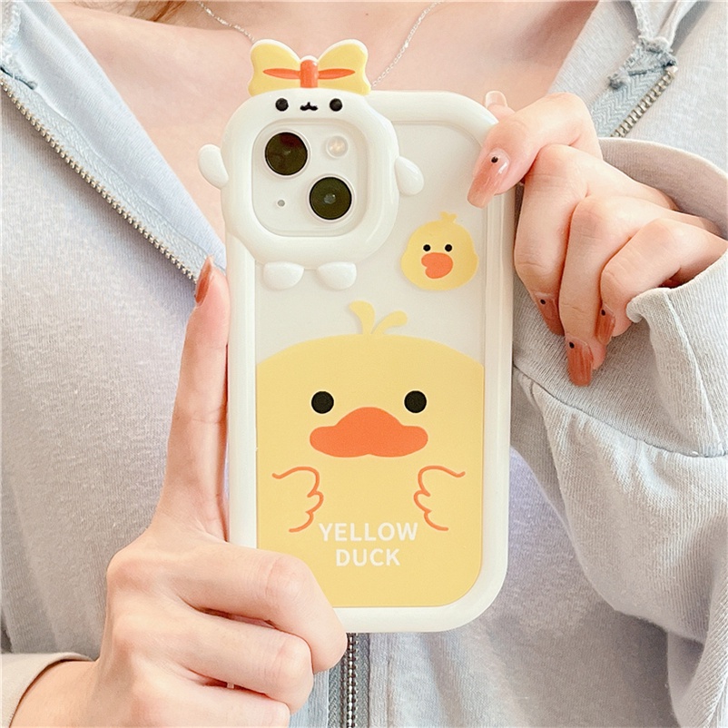 Soft Case Compatible for iPhone 14 13 12 11 Pro Max X XR Xs Max SE 2020 iPhone 6 6s 7 8 Plus iPhone 14 Plus Cartoon Cute Little Yellow Duck Transparent Phone Case 3D Lens Cover Protection Surface TPU Shockproof Anti-skid Mobile Phone Cover Casing