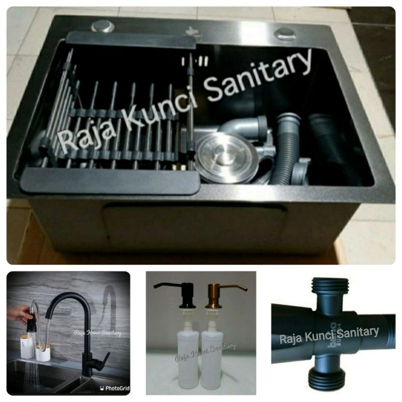 Paket Lengkap Kitchen Sink 5040 Black Onan/Golden Hand+Kran Tarik Panas Dingin Hitam/Black