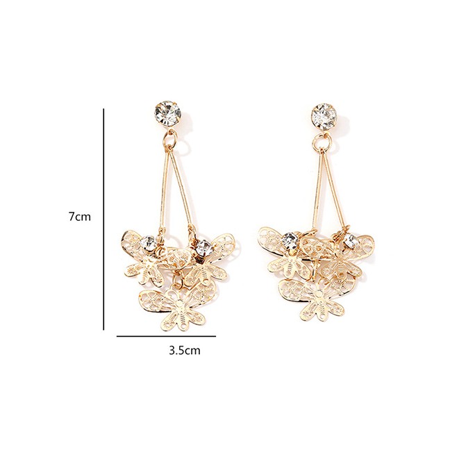 LRC Anting Tusuk Fashion Golden Alloy Butterfly Zircon Long Earrings D94447