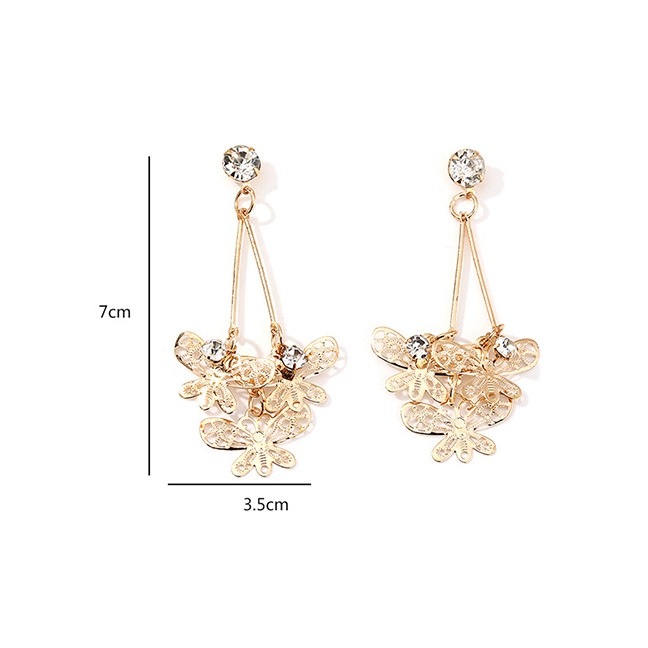 LRC Anting Tusuk Fashion Golden Alloy Butterfly Zircon Long Earrings D94447