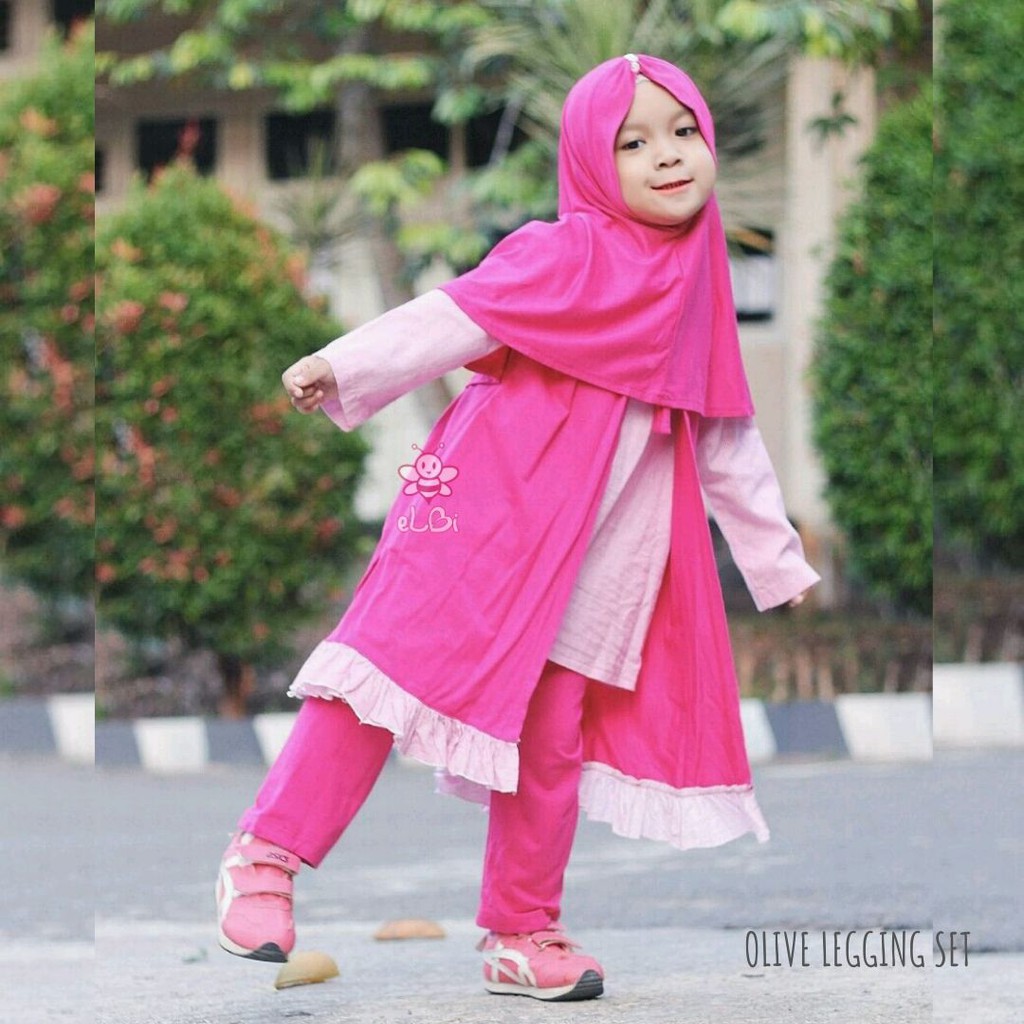 Setelan Baju Muslim Anak Perempuan - Pakian Muslim Anak Perempuan - Baju Kaos Anak Perempuan - Olive