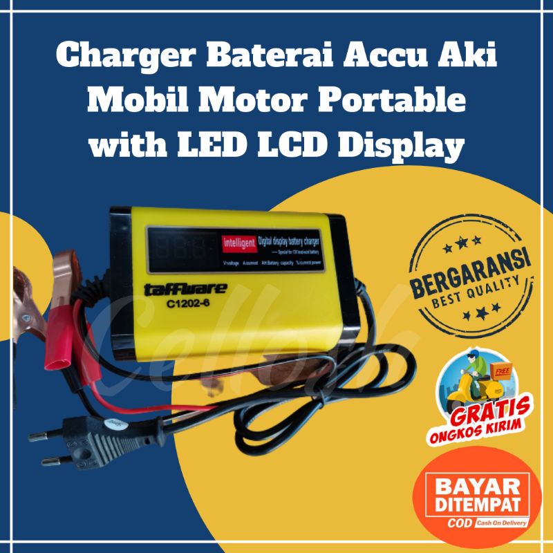 Charger Baterai Accu Aki Mobil Motor Portable with LED LCD Display