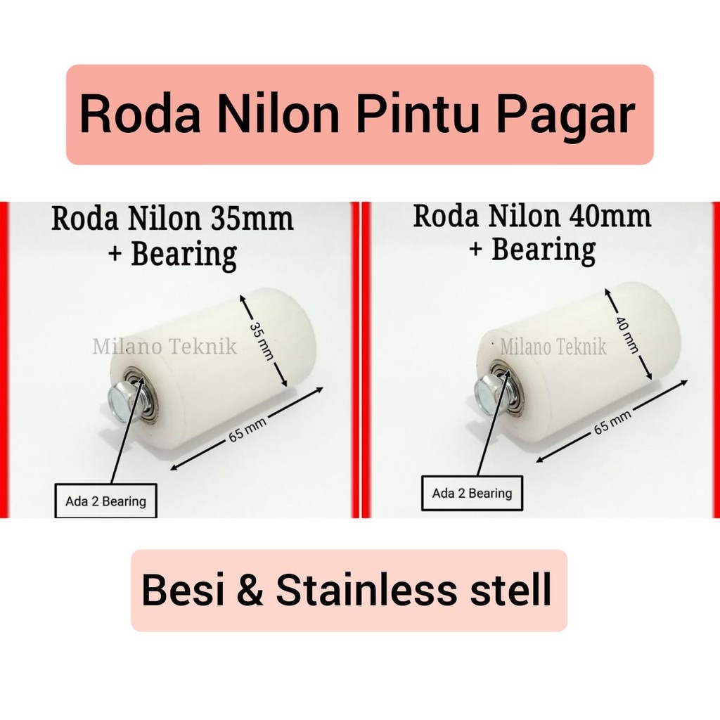 Roda Nilon+Bearing 2 kiri kanan Pagar pintu besi Roda nylon