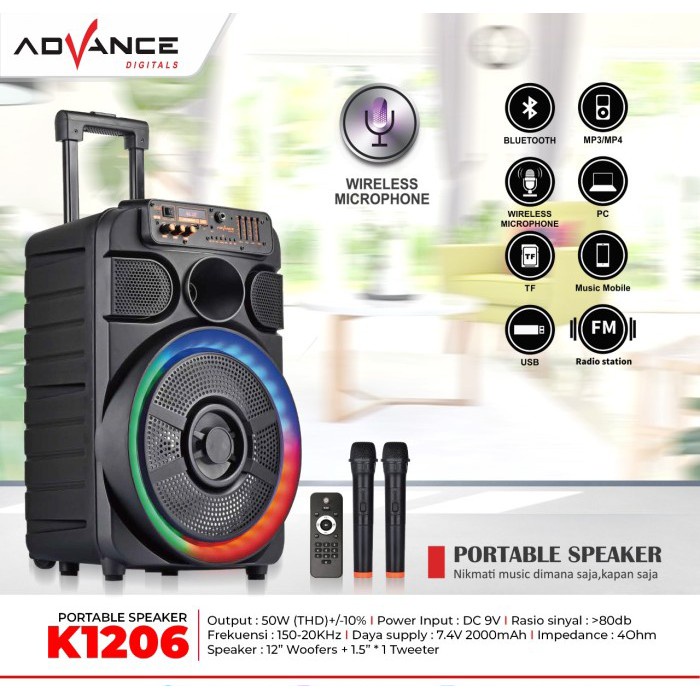 Advance Digitals SPEAKER PORTABLE K1206.2 MIC WIRELESS |Garansi Resmi 1 Tahun|