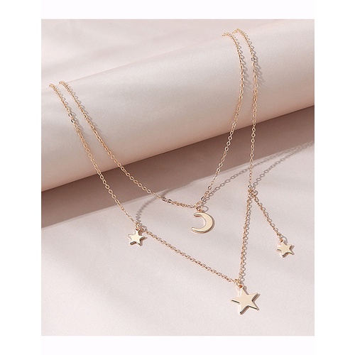 LRC Kalung Fashion Golden Moon Star Double Necklace Y65603