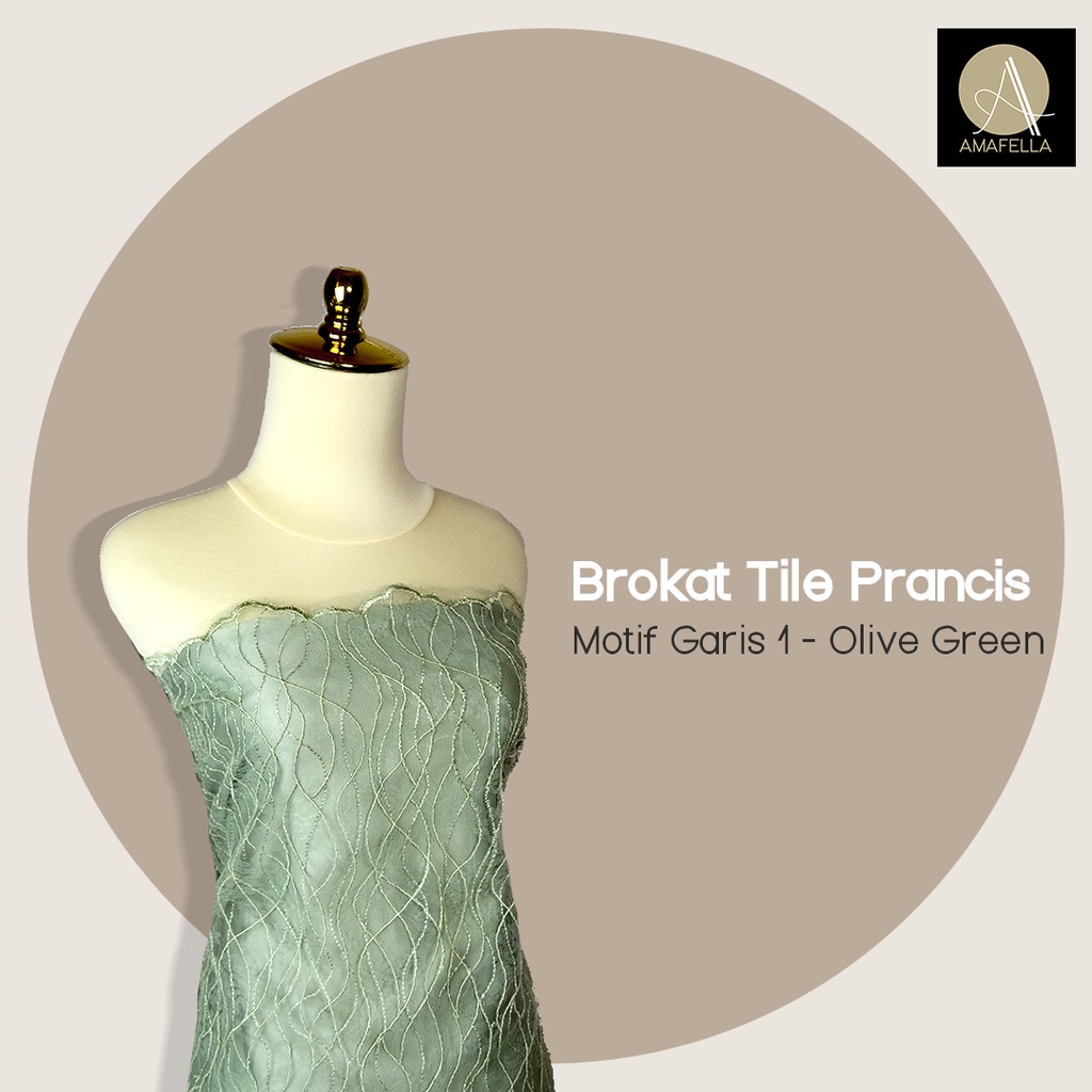 1/2 meter Kain Brokat Brukat Tile Prancis Bahan Kebaya Motif Garis Olive Green (Hijau)