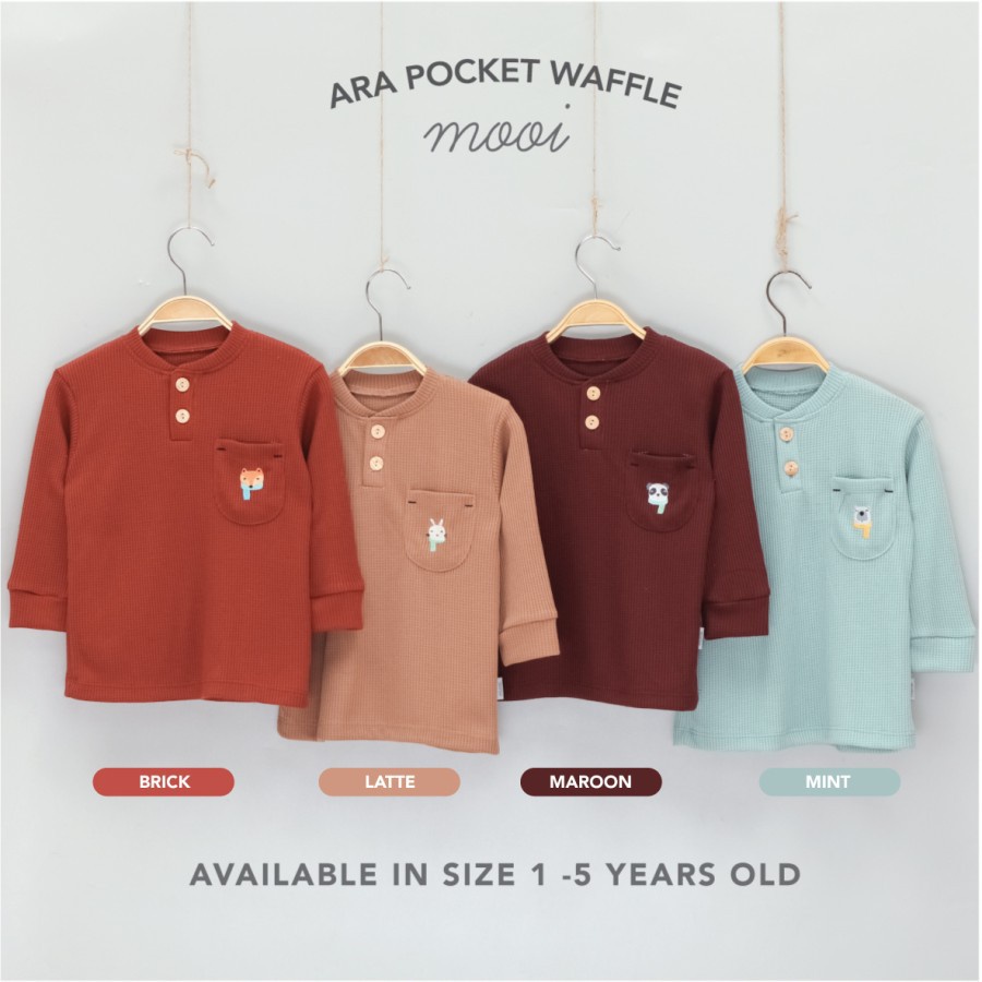 MOOI Ara Pocket Waffle 1-5y per 2pcs (hanya baju) MO-APW1Y/2 - Baju Atasan Anak