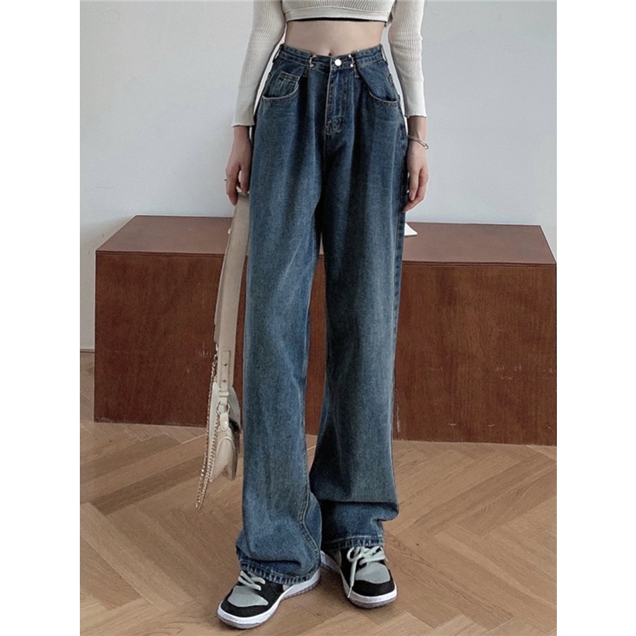 wide-leg jeans untuk wanita high-waist longgar lurus-kaki celana panjang