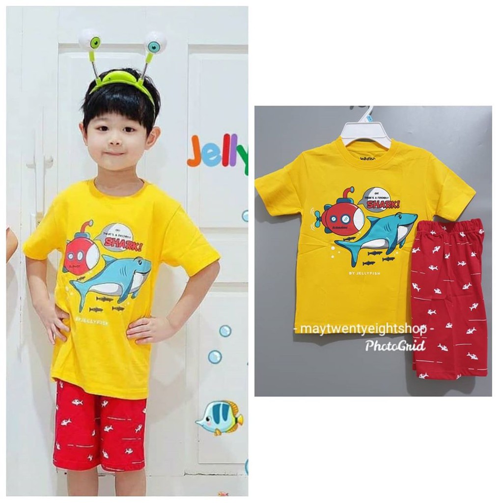 Setelan Anak Laki Laki Kaos Celana Pendek Motif Shark Ikan Hiu / Baju Setelan Ikan Hiu