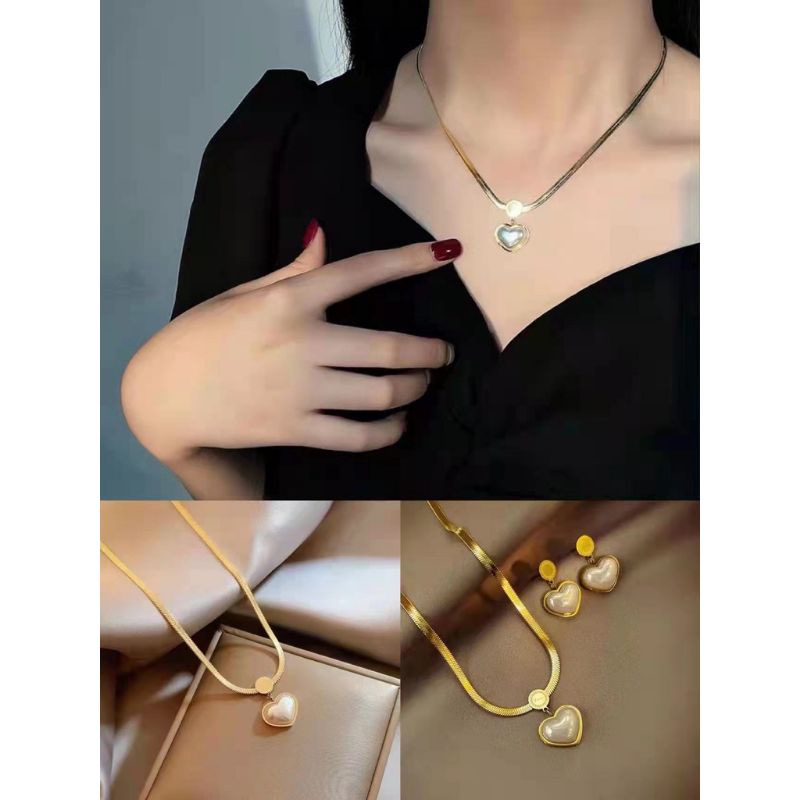 Set Titanium Kalung/Anting Love Mutiara Perhiasan fashion wanita