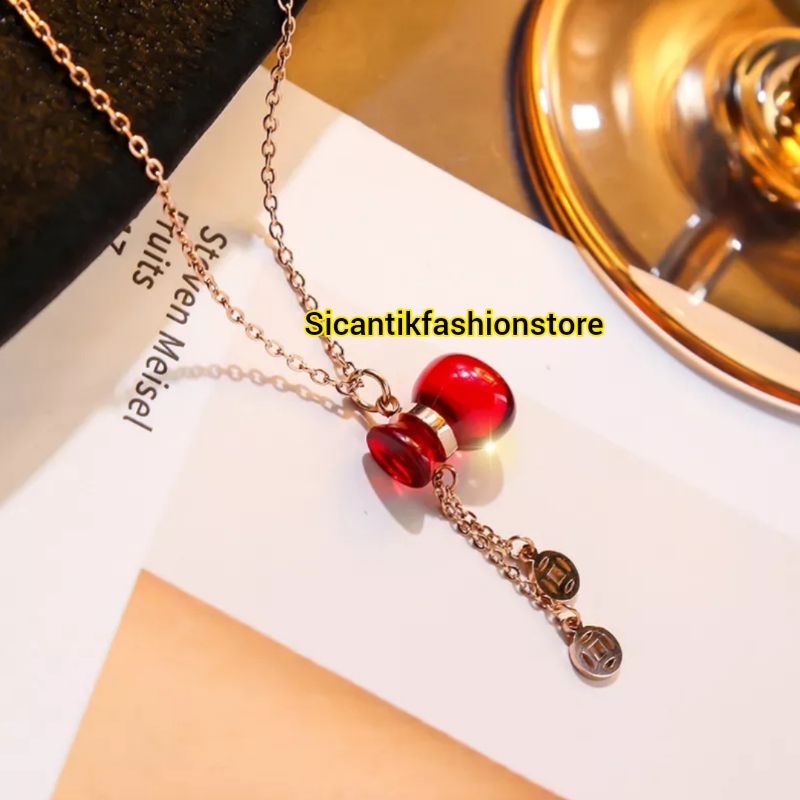 Kalung Titanium Wanita Liontin Batu Merah Delima Fashion Wanita Terlaris Anti Karat Selamanya Kalung Wanita Liontin Batu Merah Delima Kalung Rantai Rose Gold Kalung Rantai Gold Titanium plus Liontin