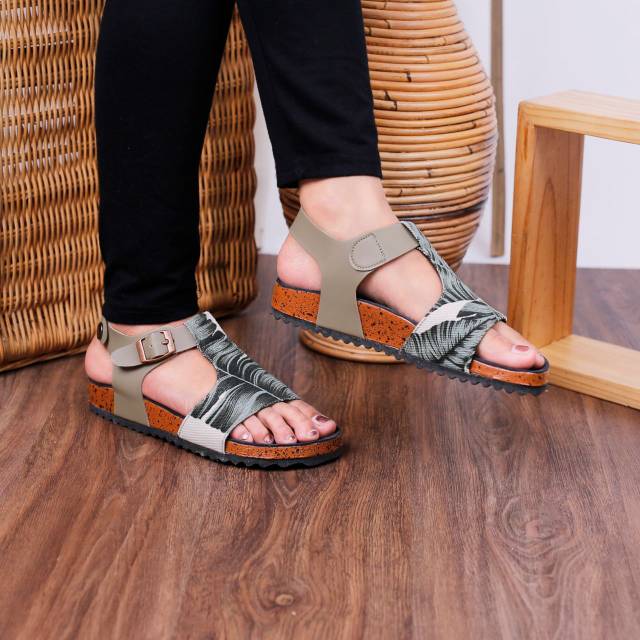 Sandal Cosmo Kanvas Abu Daun 115 Abu Sendal Birken Etnik Semdal Wanita Size Jumbo Murah BIig Size-1